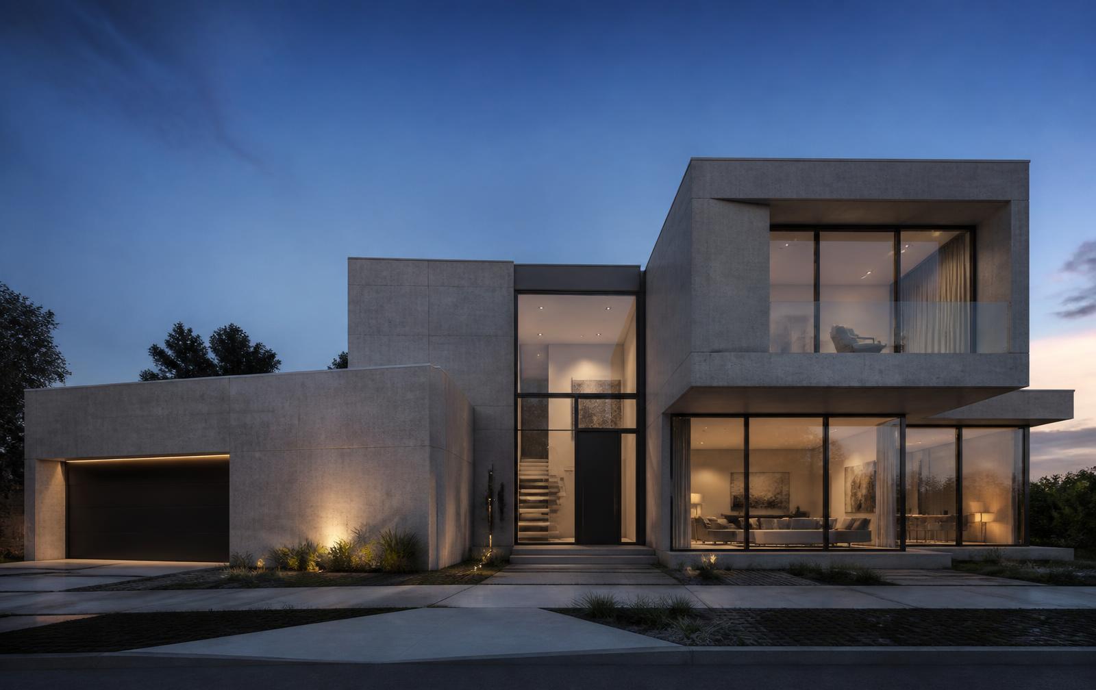 Vivienda contemporánea de hormigón y vidrio al atardecer